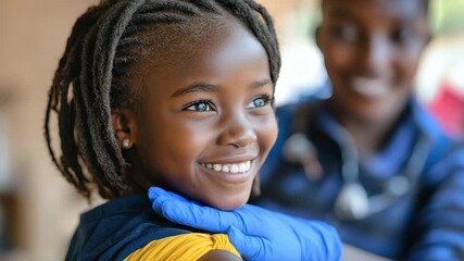 Smiling child participates in vaccination immunization campaign promoting disease prevention in community outreach event