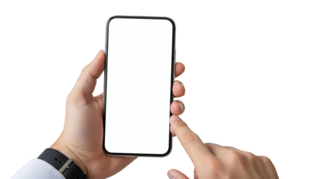 Person holding smartphone with blank screen isolated on transparent background - Powered by Adobe