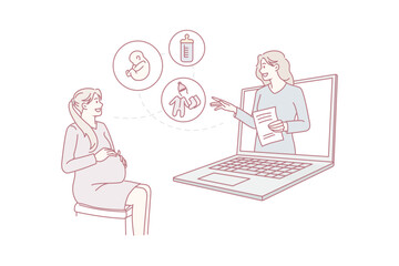 Female doctor consult pregnant woman online on computer. Happy mom to be have webcam consultation with gynecologist, talk speak on video call virtual event on lockdown. Flat vector illustration.