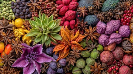 A vibrant assortment of spices and botanicals creates a colorful mosaic, blending textures and hues in a rich display of nature's artistry. An explosion of colors and patterns.