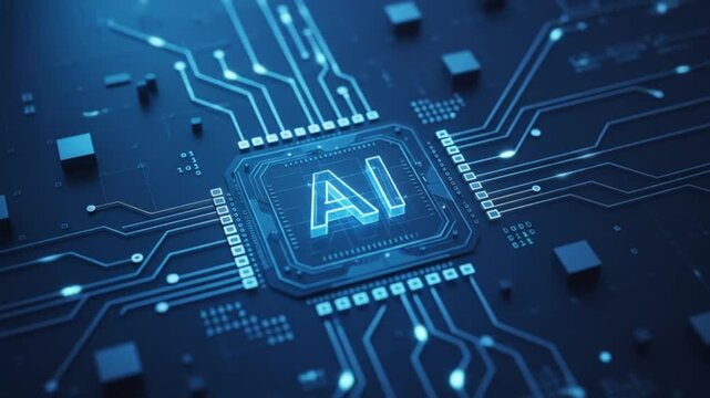 Close-up of AI chip on circuit board with glowing blue lines