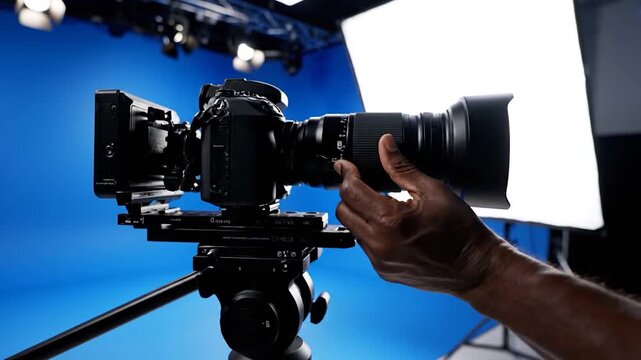 Professional camera setup on tripod in production studio with blue screen background