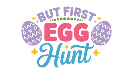 Colorful Easter egg hunt graphic with decorative eggs