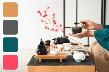 Asian woman brewing tea at home, closeup. Different color patterns