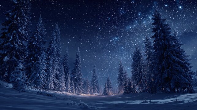 A serene winter forest under a dazzling night sky, illuminated by distant starlight, creating a magical, peaceful scene, evergreen trees covered with snow.
