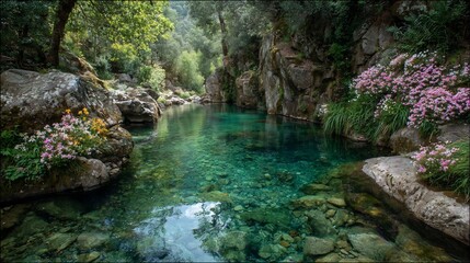 Naklejka premium Tranquil clear river flows through rock formations lush with vegetation and flowers