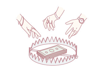 Forbidden money and bribe concept. Human hands reaching for stack of green cash money in trap over green background vector illustration