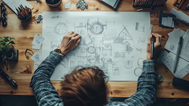 Professional engages in patent concept development with sketches and designs while seated at a wooden workspace decorated with plants and tools