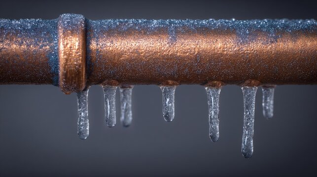 A frozen pipe drips with icicles, shimmering with frost. This closeup showcases the severity of winter's grip and the danger of burst pipes, emphasizing cold weather's impact.