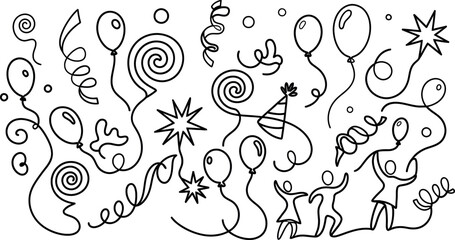 Continuous line doodle art illustration featuring celebratory balloons confetti and happy dancing people for festive party designs