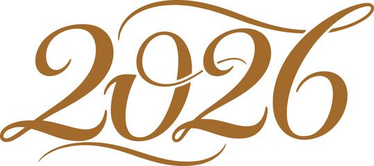 Elegant 2026 number graphic in luxurious golden brown calligraphic script perfect for new year celebrations and futurethemed designs isolated on transparent background