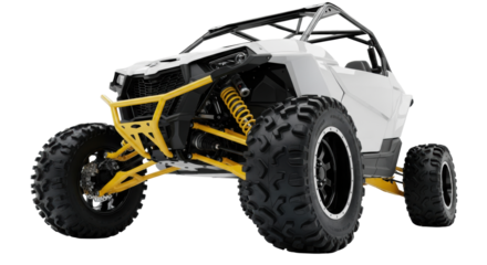 white, high-performance atv/utv hybrid isolated on a transparent studio background with copy space, featuring massive knobby tires and vibrant yellow suspension details. Concept for automotive product