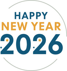Happy New Year 2026 elegant festive greeting design featuring golden and blue typography with decorative stars creating a modern holiday celebration graphic