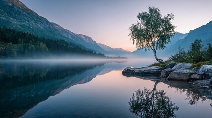 Tranquil lake reflecting a tree and mountains at dusk, misty