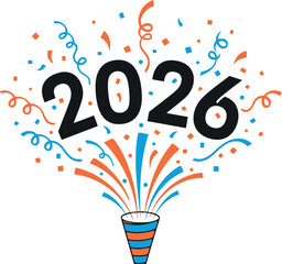 Vibrant 2026 new year celebration with a colorful confetti popper bursting orange and blue streamers and festive particles creating an energetic design