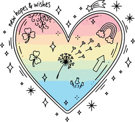 Whimsical handdrawn heart illustration featuring a soft rainbow gradient with dandelion seeds blowing fourleaf clovers and new hopes and wishes text creating a dreamy symbol of positivity
