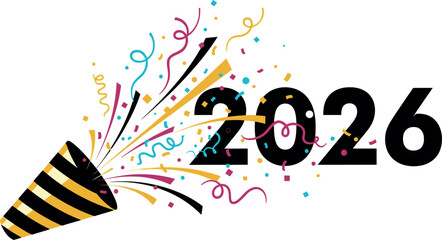 Vibrant New Year 2026 celebration with festive party popper exploding colorful confetti and streamers creating an exciting atmosphere