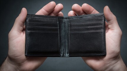 The hands gently cradling the open, empty wallet under soft, diffused light, conveying a sense of financial hardship or vulnerability. Minimalist composition.