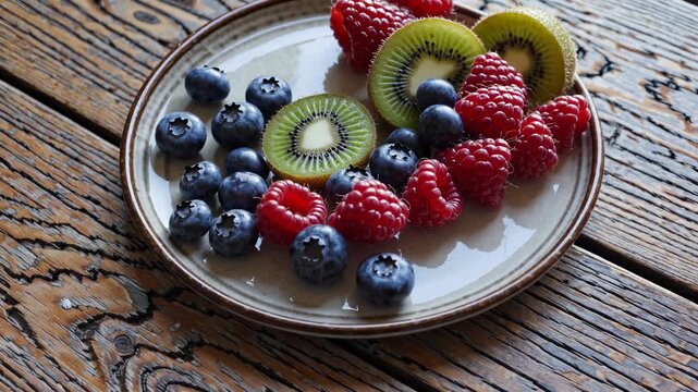Fresh fruit arranged on ceramic plate. Blueberry, kiwi, raspberry create healthy snack. Plate with kiwi, berry, raspberry, blueberry for healthy eating. Colorful fruit plate with fresh berries kiwi