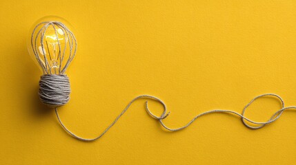 Conceptual shot: A lightbulb with yarn. Symbolizes innovative ideas and creative connections. Isolated on a bright yellow backdrop, promoting innovation and new perspectives.