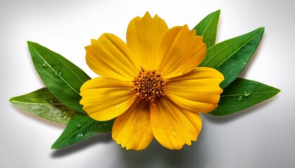 single coreopsis flower vibrant yellow petals lush green leaves glistening dew drops laid flat on clean transparent studio background isolated commercial product purity display