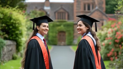 Graduation day for university students in academic gowns celebrating achievements with friends in a beautiful campus garden