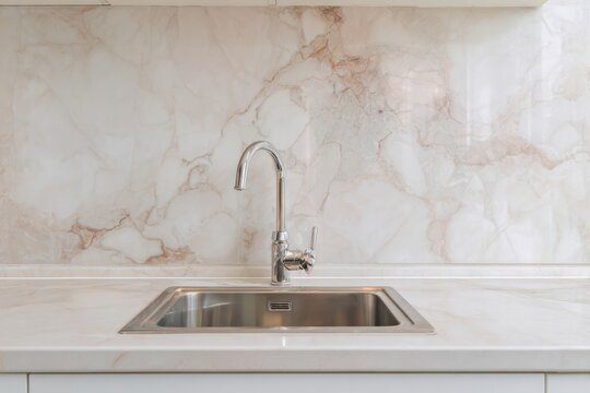 Modern kitchen sink area features polished stainless steel fixture against a beige veined stone backsplash.