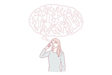 Young woman with speech bubble above head feel confused think of problem solution. Pensive female frustrated with planning or decision making, brainstorm solve problem. Vector illustration.