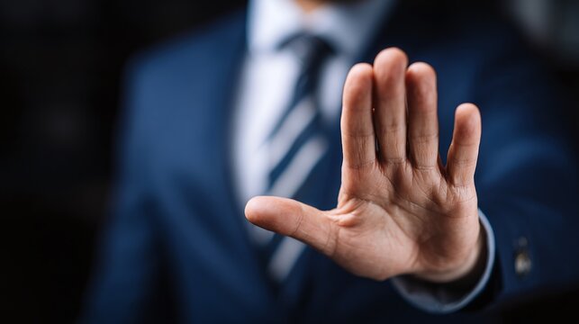 A man in a suit extends his hand with an open palm in a gesture of stopping or refusing. The person shows a clear signal of objection or denial in a professional setting.