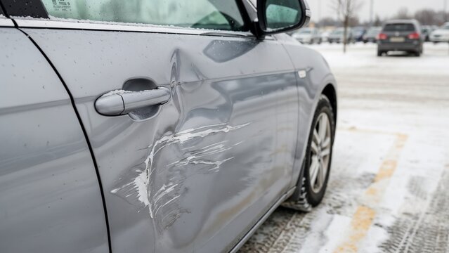 Side car door damage from winter parking lot accident