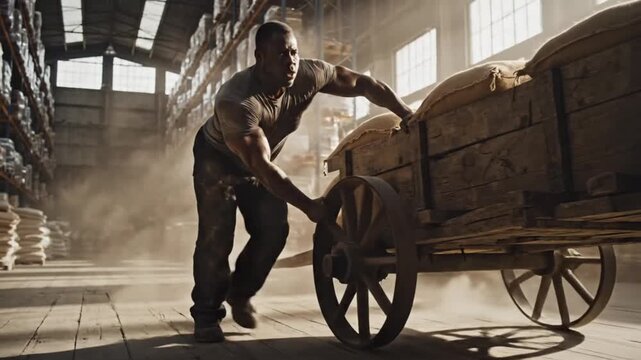 A strong man pushes a heavy wooden cart loaded with sacks through a dusty, sunlit warehouse. Captures hard work, strength, and industrial labor in a cinematic style.
