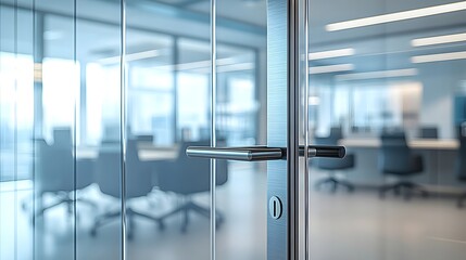 Polished metal door handle secured on a transparent glass partition separating office meeting spaces