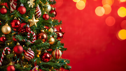 Fototapeta premium A festive christmas tree decorated with red and gold ornaments against a bokeh background