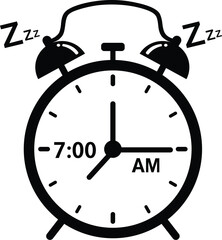 Black and white vector silhouette design of an alarm clock showing 7:00 am time with sleeping symbols isolated on a white background.