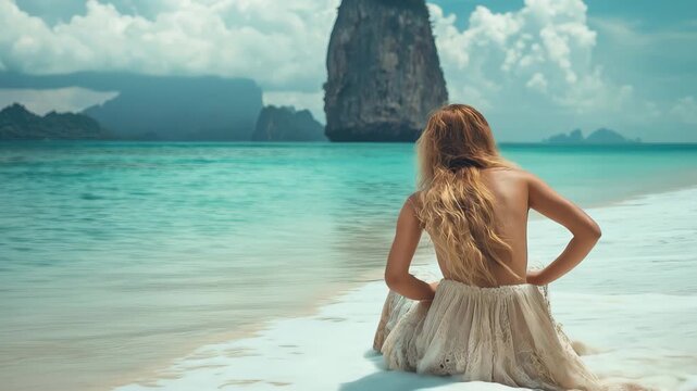 Relaxing by the crystal clear waters of Poda Island in Krabi, Thailand during a sunny day with a magnificent limestone cliff in the background