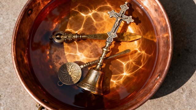 Religious brass cross and sprinkler lie submerged in water inside a copper basin
