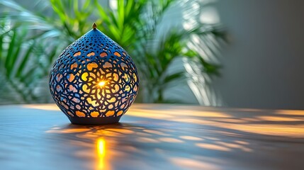 Ornate pierced metal lantern casts intricate light patterns upon a wooden surface indoors