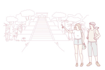 Happy couple tourists explore travel destination in tropical country. Smiling man and woman travelers discover landmarks or attractions on summer holiday or vacation. Tourism. Vector illustration.