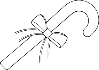 Christmas candy cane with line art style ribbon bow wrapped around it, holiday christmas vector art illustration design template isolated on a white background.