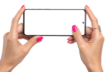 Woman's hands holding smartphone with blank screen and pink nails, cutout, PNG isolated on transparent background