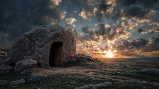 Empty tomb with large stone at sunrise, dramatic sky, religious concept