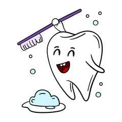 Hand-drawn illustration of cute happy tooth brushing itself with toothbrush. Dental education, oral hygiene