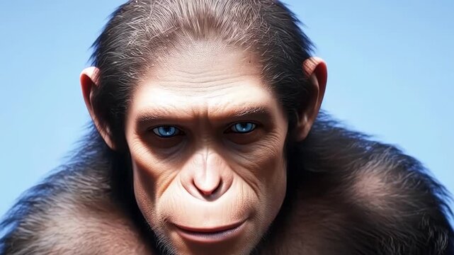 Portrait evolutionary transformation. A monkey turns into a Human. The chimpanzee (Pan troglodytes) is slowly turning into an adult male (Homo sapiens).