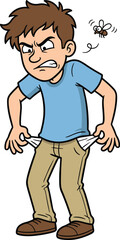 Cartoon broke character, empty pockets gesture, financial stress, humorous poverty symbol, fly buzzing, flat vector illustration