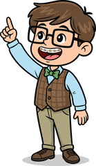 Cartoon boy with glasses, cheerful student character, pointing upward gesture, educational mascot, flat vector illustration