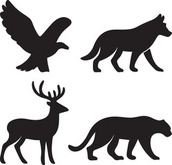 Four black vector silhouettes of animals, including a bird, wolf, deer, and a big panther, isolated on a white background 