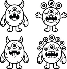 A set of four cartoon monsters with unique characteristics, including horns, eyes, and mouths, illustrated in black and white line art, showcasing various emotions and poses in a playful and whimsical
