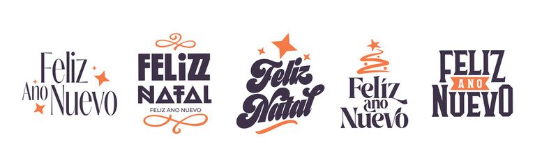 Conjunto de letterings manuais de Feliz Natal e Feliz Ano Novo com &aacute;rvore de natal abstrata e estilo retr&ocirc;.