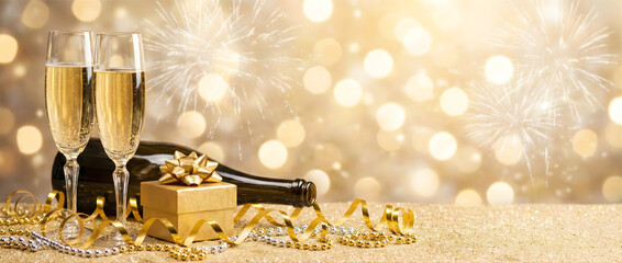New Year Celebration with Champagne and shiny decoration. Two champagne flutes with a gift box and bottle against a golden festive bokeh background.