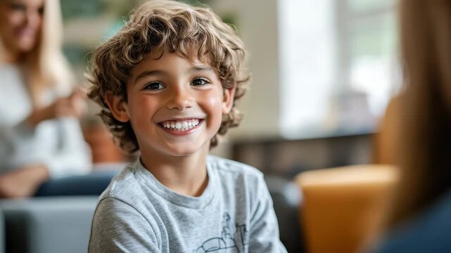 Happy autism boy enjoys therapy session in a bright and welcoming school environment, smiling while interacting with caregivers and peers during an engaging learning activity